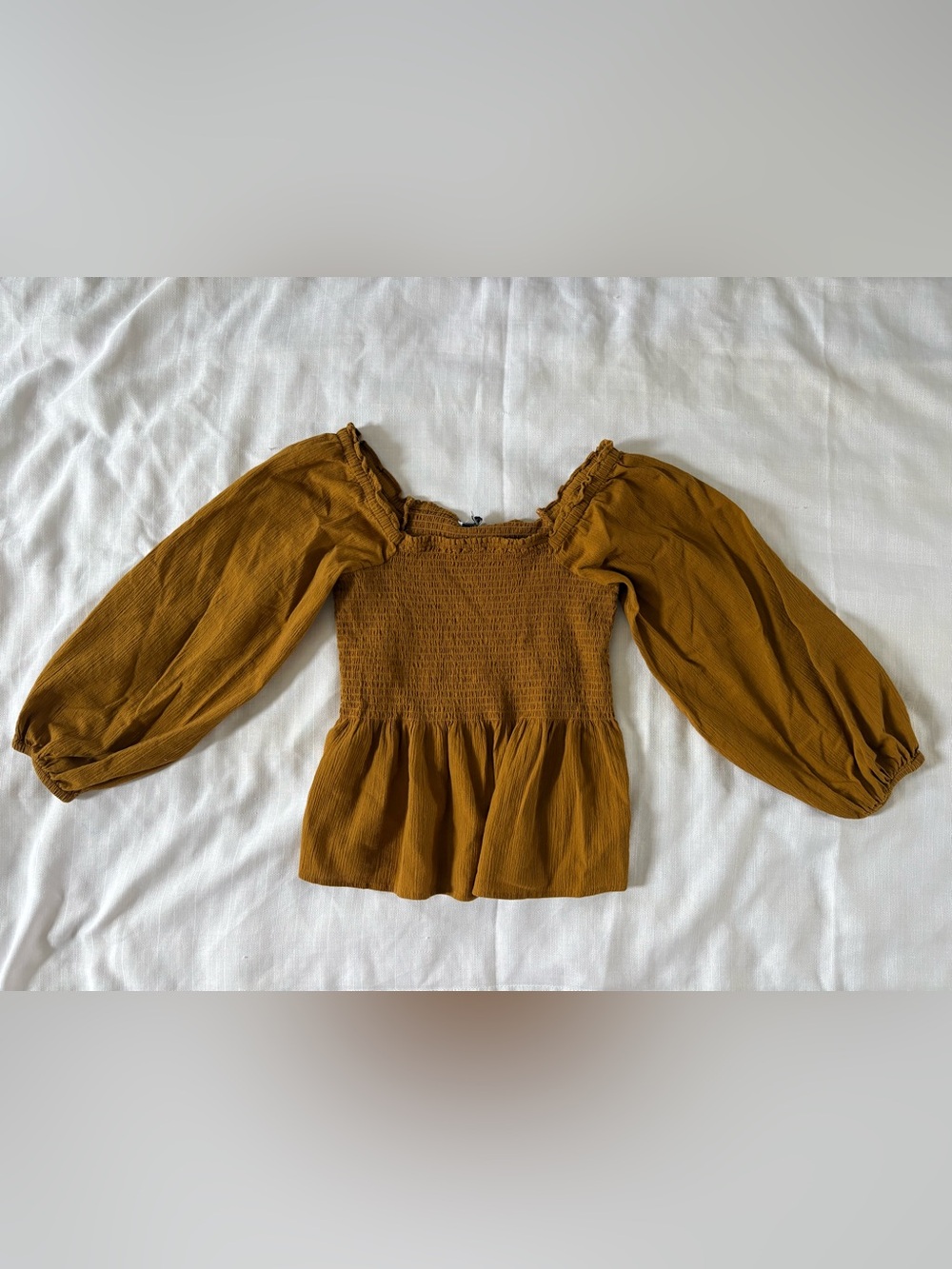 Madewell Mustard Smocked Off-Shoulder Peplum Blouse